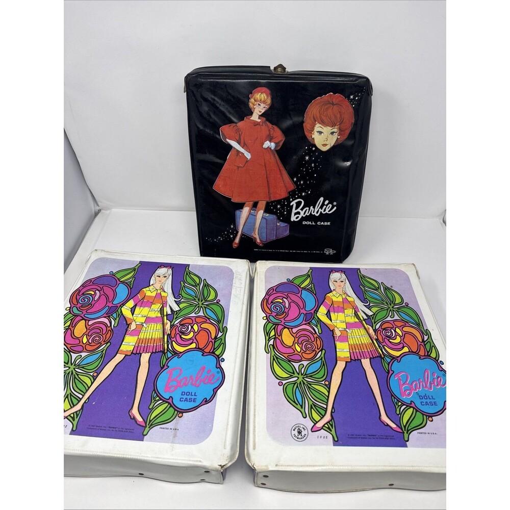 LOT 3 Vintage 1960s Barbie Doll Cases 2 1002 1967 & Bubble Cut Black Red Dress